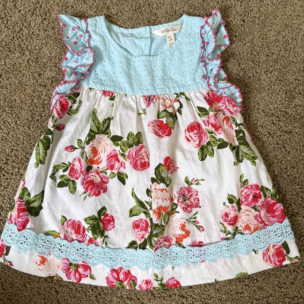 Matilda Jane Lets Go Together Togetherness Shabby Top Blue Floral Girls Size 4